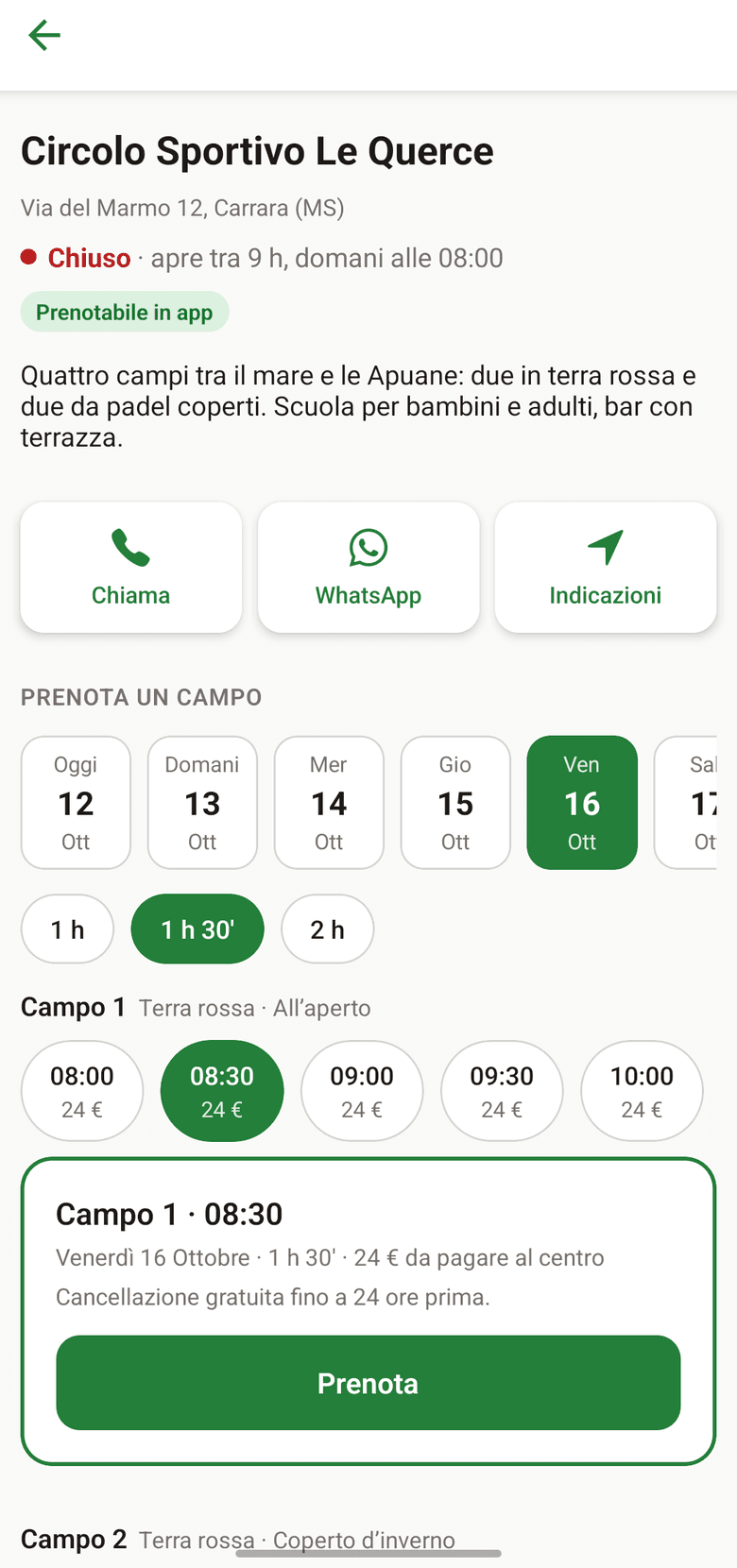 La prenotazione di un campo nell’app