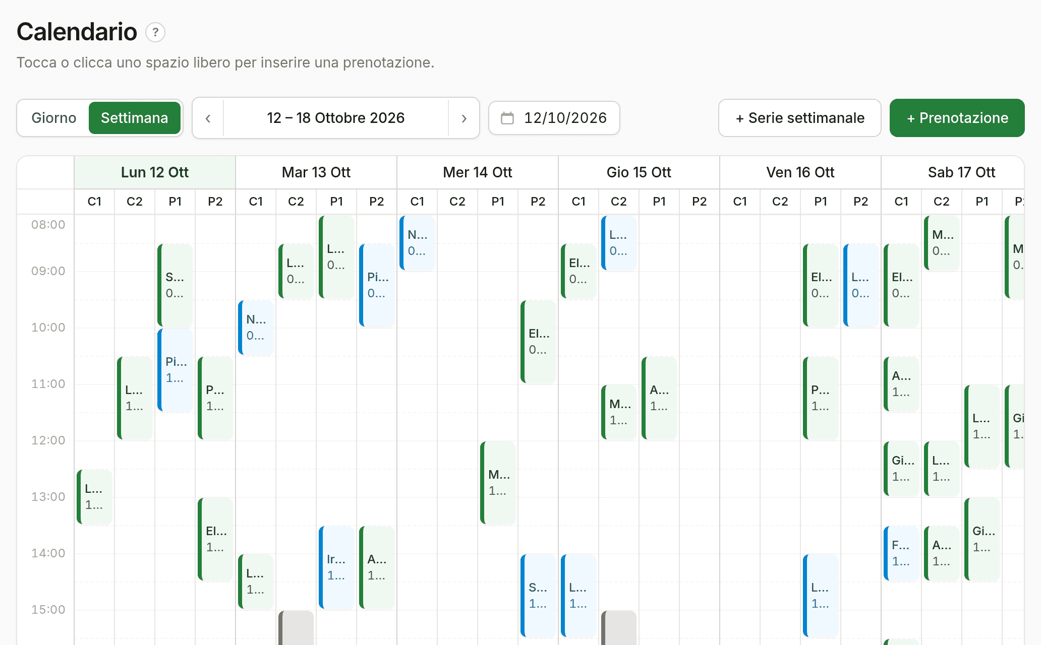 Il calendario settimanale del gestionale di un circolo