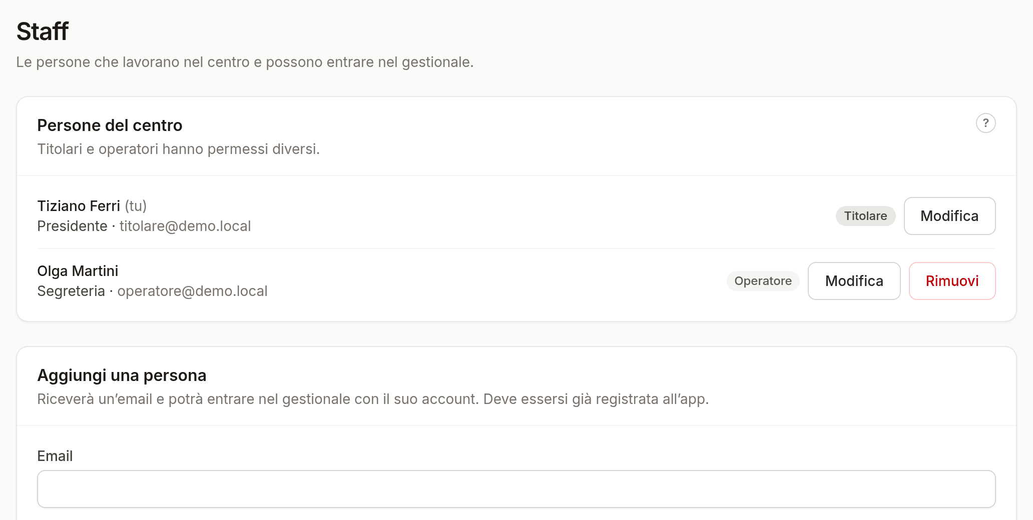 Pagina dello staff con titolare e operatrice
